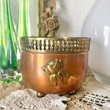 Copper and Brass Planter, Rose Design, Cut Out Edge, Vintage Home Decor, Mid Century 