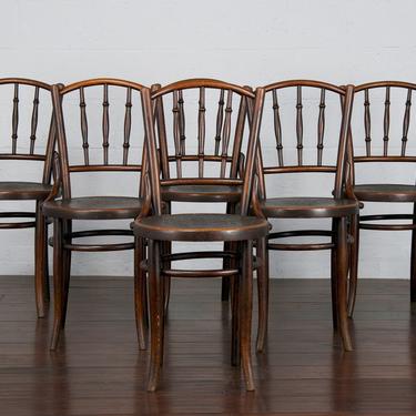 1930s Set of 6 French Bentwood Bistro Beech Dining Chairs- Labeled Fischel 