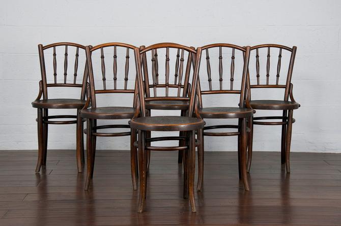 1930s Set of 6 French Bentwood Bistro Beech Dining Chairs- Labeled Fischel by StandOutSpaces