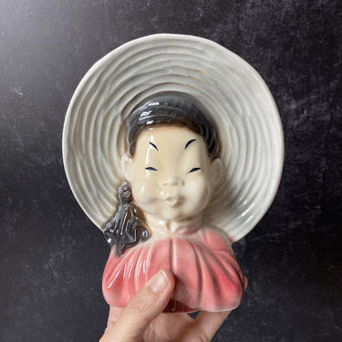 Vintage Wall Pocket Planter - Royal Copley Chinese Girl with Big Hat by theHeirloomYard