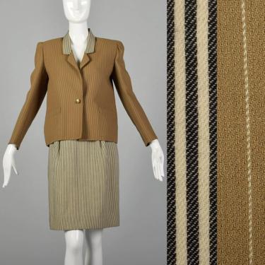 Medium Bill Blass Skirt Suit Tan Ivory Contrasting Stripe Pattern Boxy Blazer Pencil Skirt 