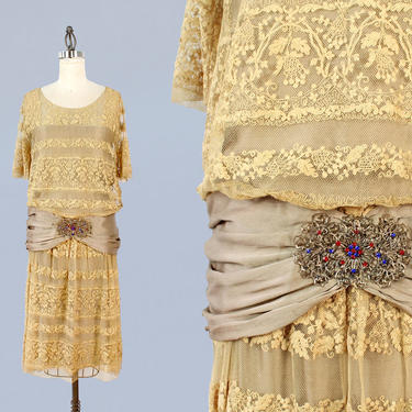 1920s Dress / 20s Lace and Satin Gown with Art Nouveau Buckle 