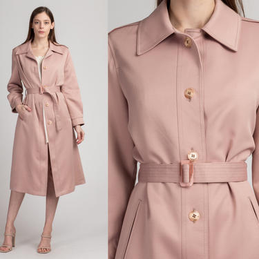 Vintage London Fog Dusty Pink Belted Trench Coat - Small | 70s 80s Button Up Maincoats Long Jacket 