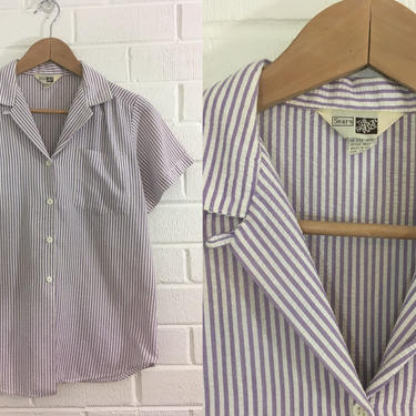 Vintage Purple Seersucker Shirt White Stripe Top 70s Button Up 1970s Summer Short Sleeve Boxy Women's Large L XL Sears Fashion Place USA 