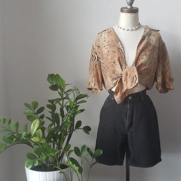Vintage 90s Safari Silk Anna and Frank Top| 1990s Blouse| Short Sleeve Button Down Silk Top Size Small| 100% Silk Blouse 