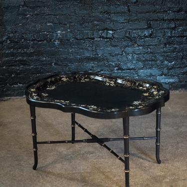 Antique English Regency Chinoserie Black Tole Tray Cocktail Table