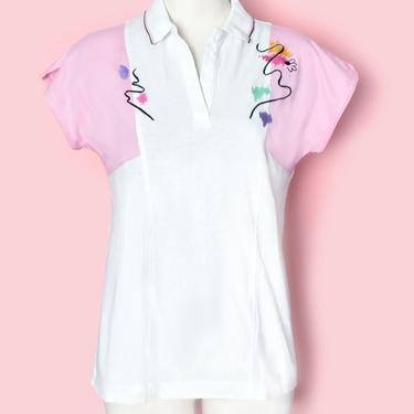 1980's Vintage Tshirt NEW WAVE Womens Top Blouse Shirt Cotton Pink White, Small tshirt, T-Shirt 80's 