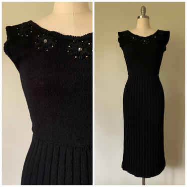Vintage 1950s Dress • Obsidian • Black Wool Knit 50s Wiggle Sweater Dress Size Medium 