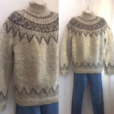Vintage Fuzzy MOHAIR FAIR ISLE Funnel Neck Sweater / Hand Knit Cozy Boyfriend Sweater 