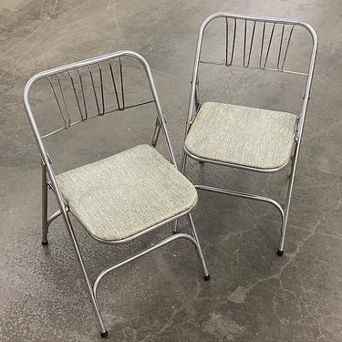 Vintage Folding Chairs Retro 1960s Mid Century Modern + Airlite Products + Silver Metal Frame + Vinyl Seat + Folds Up + Set of 2 + Seating 