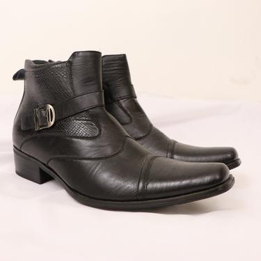 Men's Black Motorcycle Boots/ Men's Beatle Boots/ Pointed Chelsea Boots/ Men's Leather Boots With Buckle/ Black Leather Boots Size 10.5 