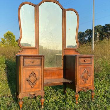NEW - Available to Customize Vintage Vanity with Trifold Mirror, Antique Dressing Table, 1930's Bedroom Furniture 