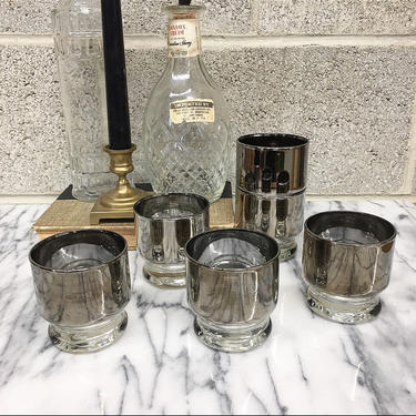 Vintage Whiskey Glass Set Retro 1960s Dorothy Thorpe + Silver Band + Clear + Footed + Shot Glasses + Lowball + Cocktail + Mid Century Modern 