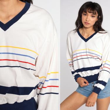 Striped Ringer Shirt Long Sleeve Shirt 80s Blue Top Striped Shirt Slouchy Top Retro Tshirt Vintage 1980s White Long sleeve Large L 