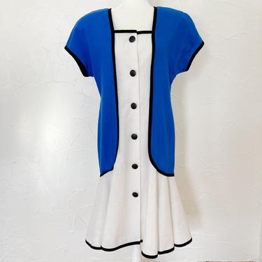 80s Bold White Blue and Black Colorblock Dress | Large 