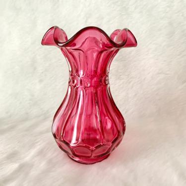 Clear Red Vase, Ruffled Edge, Art Glass, Mid Century, Vintage 