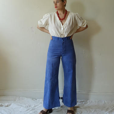 Vintage Overdyed Sailor Pants/ High Waisted Button Fly Wide Leg Navy Trousers/ Blue Crackerjack/ Size 28 