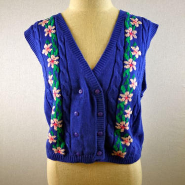 Blue Cable Knit Floral Sweater Vest 