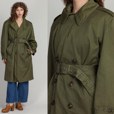 Vintage 50s Belted Army Trench Coat - Men's Medium Short | 1950s Military Overcoat Olive Drab Long Jacket 