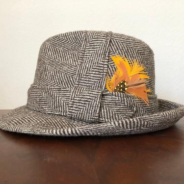 Men's Vintage Trilby Fedora Hat Hipster Mad Men Gentleman High Quality by Kevin McAndrew Wool Herringbone plaid w Orange Feather Trim 7-1/4 