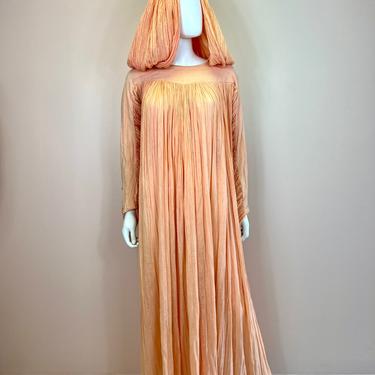 Vtg 1970s peach gauze cotton hooded maxi dress kaftan by Amerikan Climax 