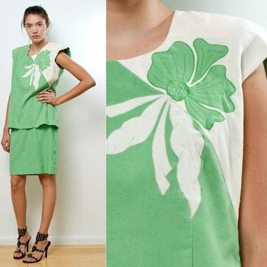 skirt suit LARGE L skirt set green floral Vintage 70s Cream Leaf Applique 2-Piece Top Skirt matching Outfit 