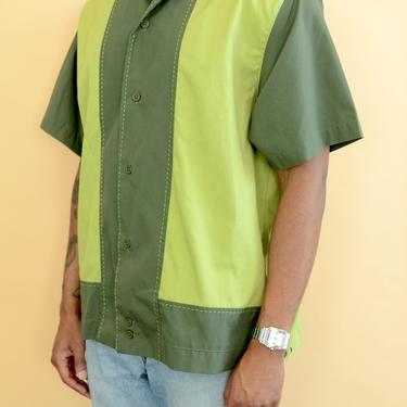Vintage Green Two Tone Color Block Short Sleeve Camp Collar Shirt (Large) 