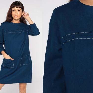 Mod Mini Dress Dark Blue Dress 60s Shift Long Sleeve Dress 1960s Gogo Vintage Sixties Twiggy Plain 70s Dress Minidress Medium 