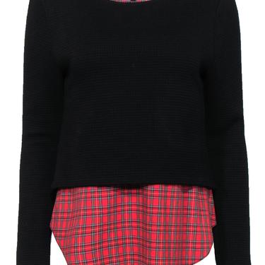 Generation Love - Black Waffle Knit Sweater w/ Red Plaid Shirt Underlay Sz S