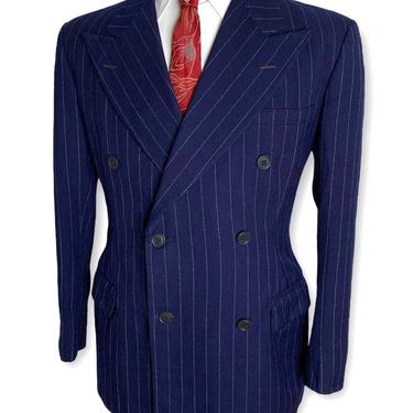 Vintage 1940s Double Breasted Wool Gabardine Jacket ~ size 36 to 38 S ~ Blazer / Suit / Sport Coat ~ Chalk Stripe ~ Union Made 