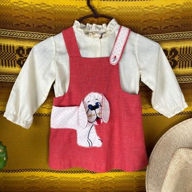 Vintage Wonderalls Little Girls Doggie Dress 2 Piece Set 