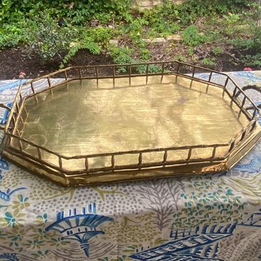 Large Brass and Faux Bamboo Elongated Octagonal Serving Tray with Handles 