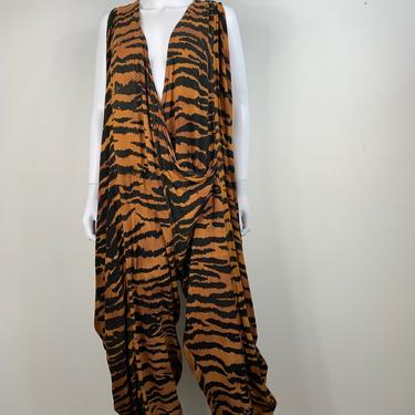 Vtg 80S tiger stripe harem rayon avant- garden jumpsuit osfa 