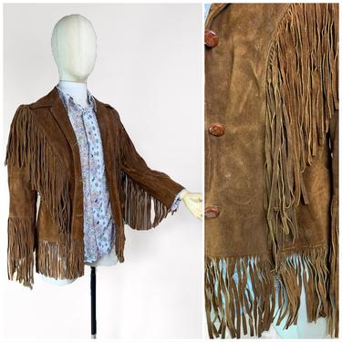 Vtg 70s Pioneer Wear Brown Western Suede Fringe Jacket/ Cowboy Ranchwear Menswear / Women’s XS 