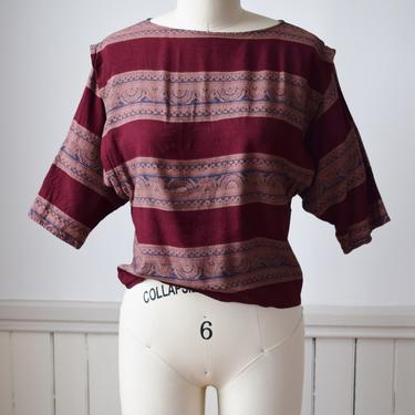 Vintage 1990s Paisley Stripe Rayon Top | S | Dolman Sleeve Top with Mauve Stripes 