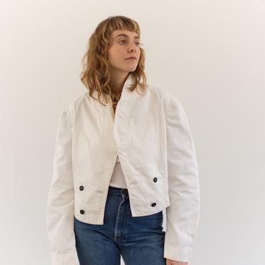 Vintage White Crop Work Coat | Double Breast Corozo Button Cotton Jacket Bolero | S M | 