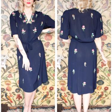 Late 1930s Dress // Embroidered Floral Rayon Klafter & Sobel Dress // vintage 30s dress 