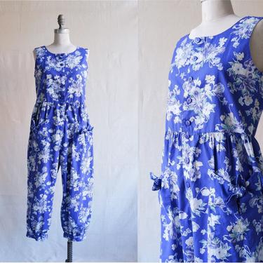 Vintage 80s Laura Ashley Floral Jumpsuit/ 1980s 1990s Blue Harem Pant Romper/ Size Medium 