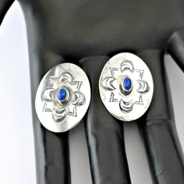 80's sterling lapis lazuli Native American big oval shield studs, NOS blue stone cabs 925 silver Southwestern crescent moon tribal earrings 