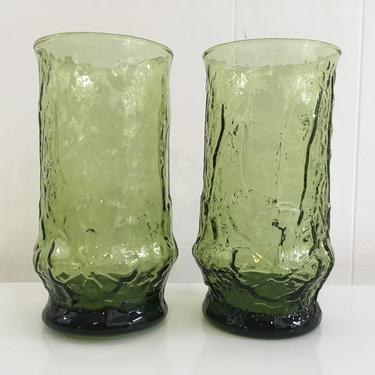 Vintage Green Flower Power Glasses Set of Two (2) Glassware Flowers Heavy Water Glass 1970s Barware Retro Bar 70s Molded Textured 