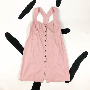 90s Pastel Pink Denim Button Front Tank Dress / Racerback / Strappy / Wide Straps / Bubblegum Pink / XXL / Size 18 / Wiggle Dress / Sumer / 