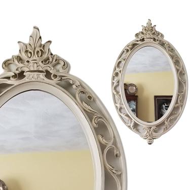 Vintage Oval Regency Mirror / Ornate Wall Mirror / Ivory and Gold Oval Hallway Mirror / 1960s Syroco Wood Hollywood Regency Boudoir Mirror 