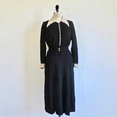 Vintage 1940's Black Rayon Dress Creme Lace Collar and Cuffs Rhinestone Buttons French Maid Style WW2 Mme Renault Frocks 33&amp;quot; Waist Medium 