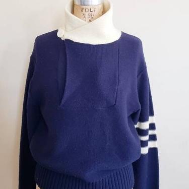 70s Mens Vintage Sweater Levis Panatela / 70s Navy Blue and Cream Acrylic Knit Sweater Large Collar / M / Ralph 
