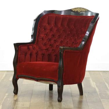 Early 1900'S Red Tufted Barrel Back Velour Armchair