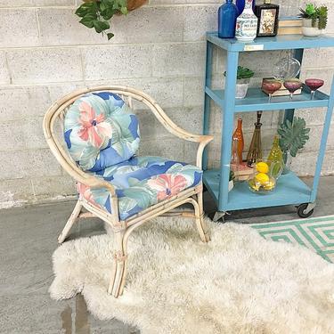 LOCAL PICKUP ONLY Vintage Chair 1980s Light Creme Colored Bamboo Frame Indoor + Outdoor Patio + Boho Lounge Chair with Blue Floral Cushions 