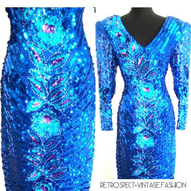 Vintage heavily embellished PEACOCK dress turqouise cobalt blue sequin beaded cocktail gown, full length sequin dress, size medium 8 / 10 40 