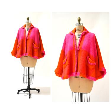 60s 70s Vintage Wool Poncho Wrap Pink Orange Plaid Fringe// 70s Vintage Poncho Pink orange Plaid Wool Jacket Wrap Shawl Boho Hand Woven 