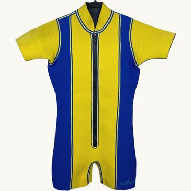 Vintage Harvey Mens Shorty Neoprene Wetsuit • Retro Blue &amp; Yellow • Small 