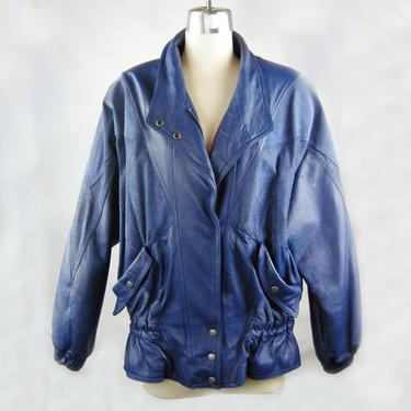 Vintage 80's Leather Biker Jacket - blue